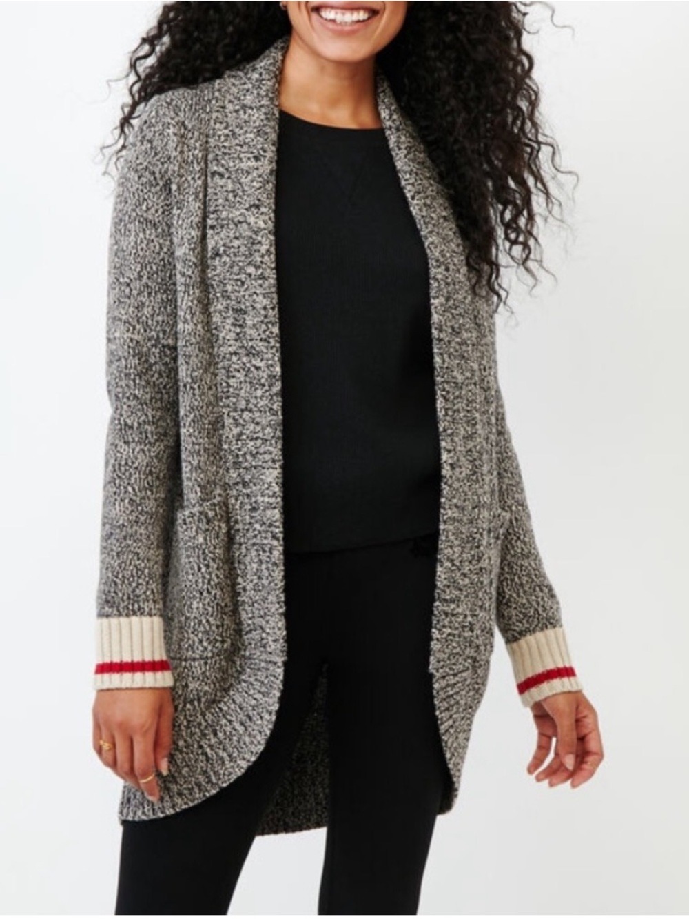 Roots Canada Long Line Shawl Collar Cozy Cabin Cardigan Black Cream Knit XXL
